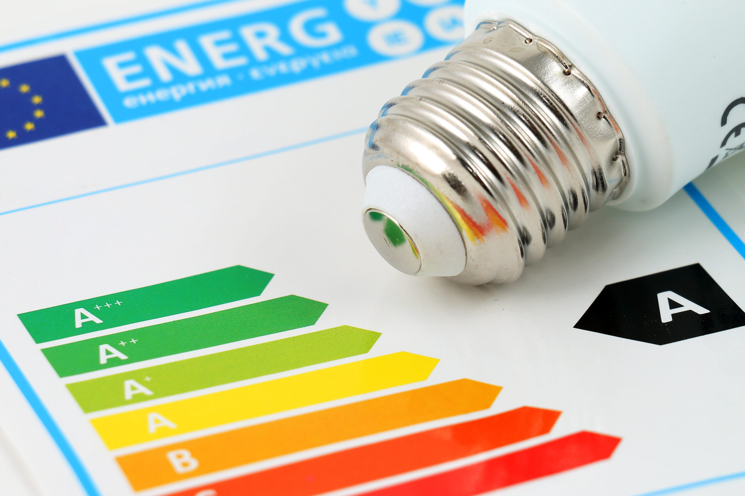 a light bulb next to an energy efficiency chart