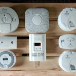 8 different types of carbon monoxide detectors on a wooden slat background